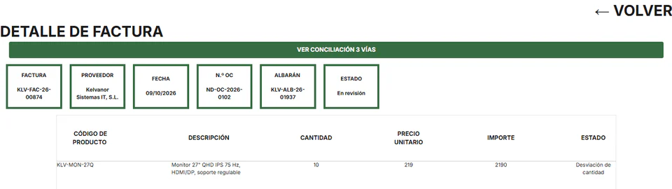 Detalle de la factura marcada como desviación de cantidad